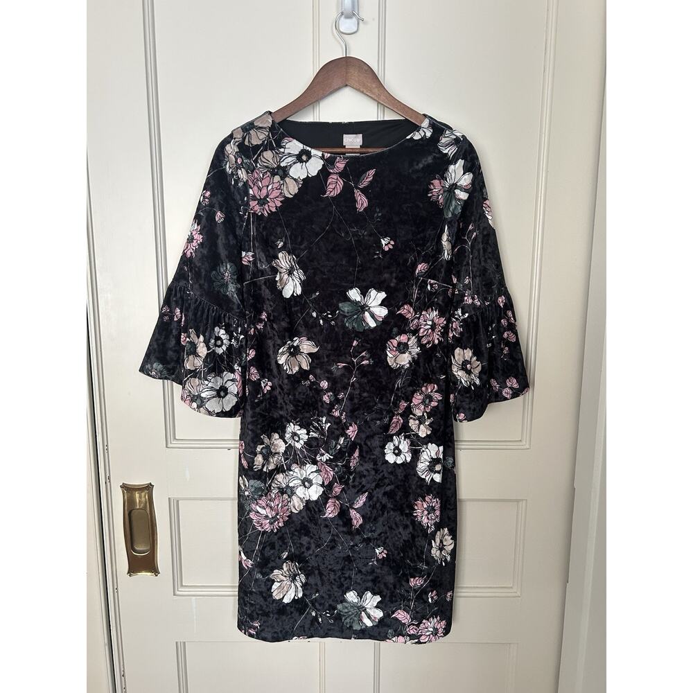 Chico's Floral Velvet Sheath Dress Womens Size Small 4/6 Black Pink Whimsy Goth